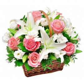 K034 FLOWER BASKET WITH ROSES AND LILIES